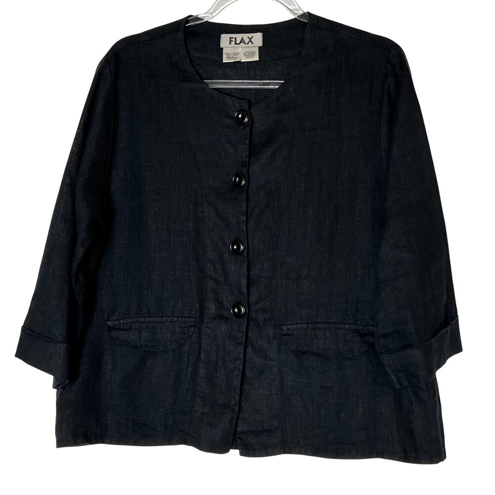 FLAX Linen Jacket Women's Size Small Black Button Front Boxy Cropped Pockets